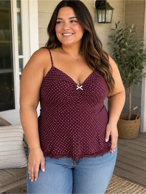 Viora Lane XL Burgundy Polka Dot Lace Trim Cami Top